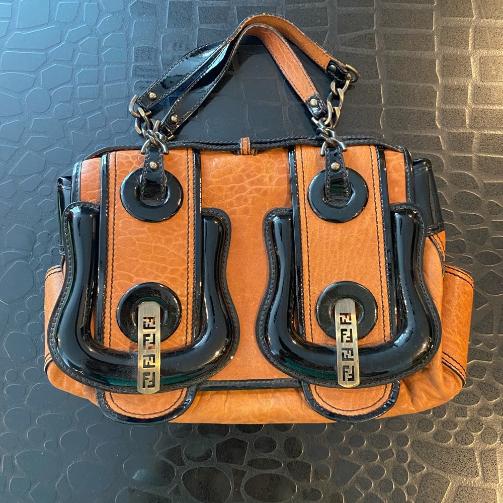 FENDI Double B Bag Tan Brown Black Leather Patent Logo FF Tote Shoulder Bag